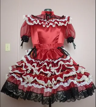 Платье для взрослых Sissy Maid Малинового/бордового цвета из атласа с застежкой и шароварами в тон на заказ