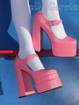 Сладкий Розовый Сплошной Платформе, Квадратный Носок Мэри Джейн Насосы Блок Высокий Каблук Лодыжки Wrap Пряжкой Подиум Женщина 2022 Распродажа Летней Обуви