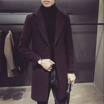 Шерстяное пальто корейская молодежная приталенная ветровка средней длины мужская мода мужское шерстяное пальто